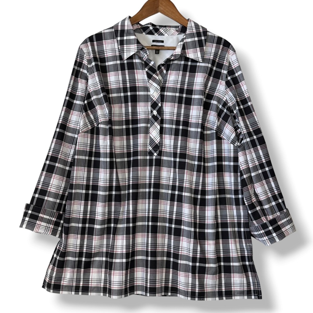 Talbots Tunic Blouse 16W Black White Red Plaid Wrinkle Resistant Cotton Popover
